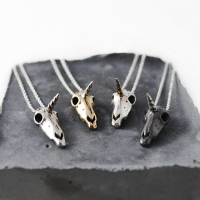 unicorn skull necklace goth jewelry handmade sterling silver